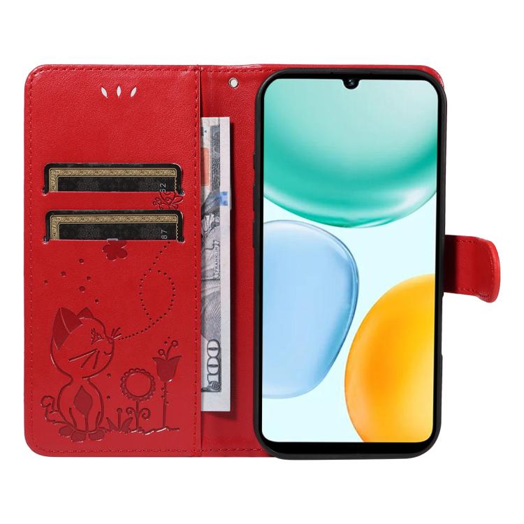 For Honor X5c Plus Cat and Bee Embossed Flip Leather Phone Case