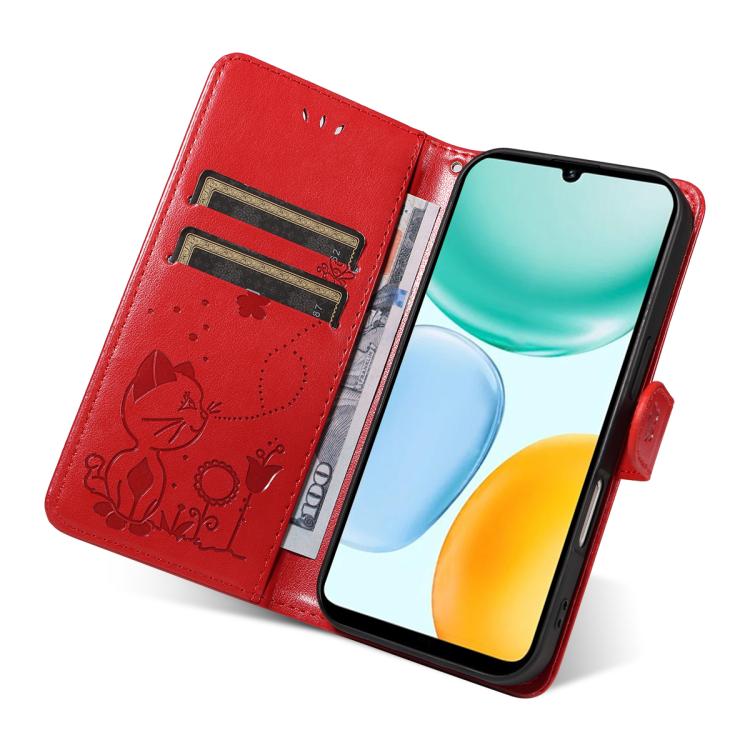 For Honor X5c Plus Cat and Bee Embossed Flip Leather Phone Case