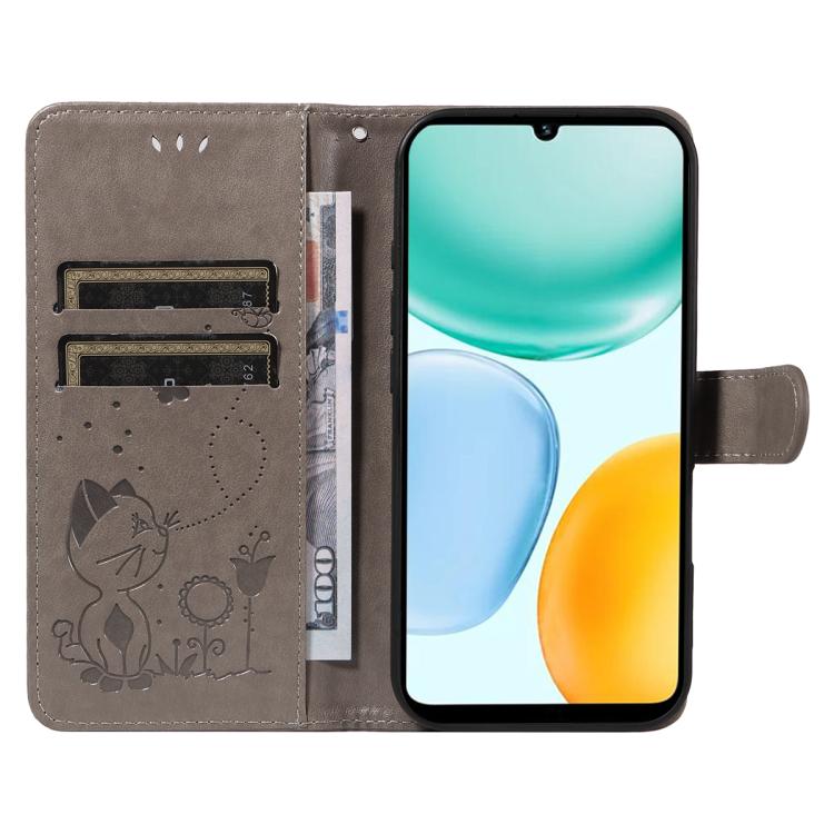 For Honor X5c Plus Cat and Bee Embossed Flip Leather Phone Case