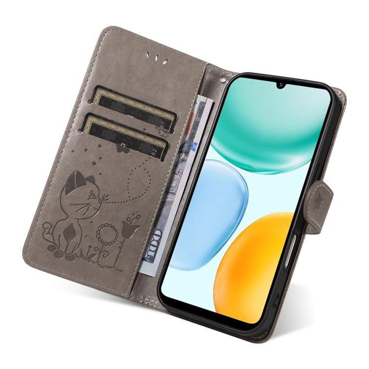 For Honor X5c Plus Cat and Bee Embossed Flip Leather Phone Case