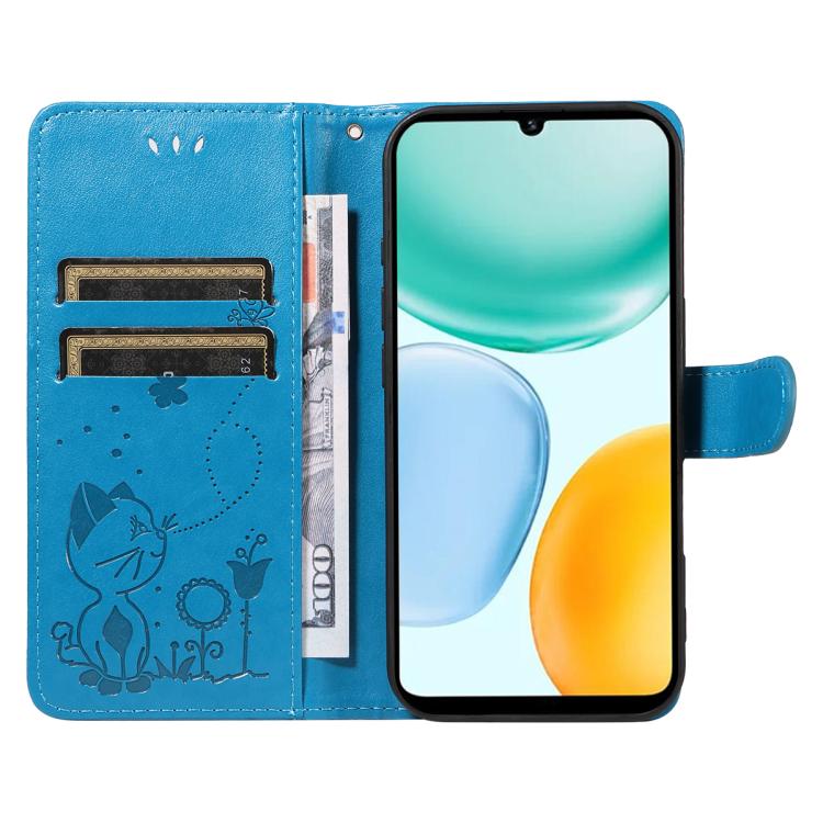 For Honor X5c Plus Cat and Bee Embossed Flip Leather Phone Case