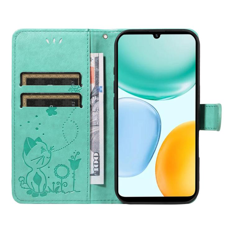For Honor X5c Plus Cat and Bee Embossed Flip Leather Phone Case
