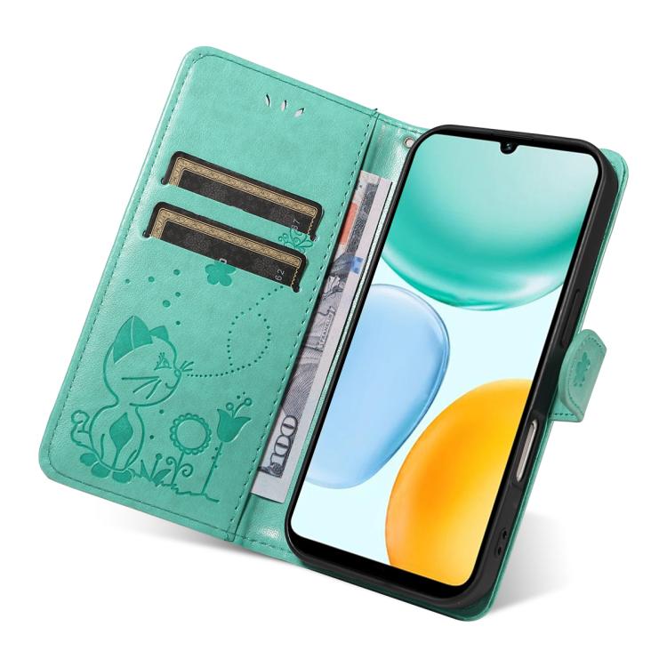 For Honor X5c Plus Cat and Bee Embossed Flip Leather Phone Case