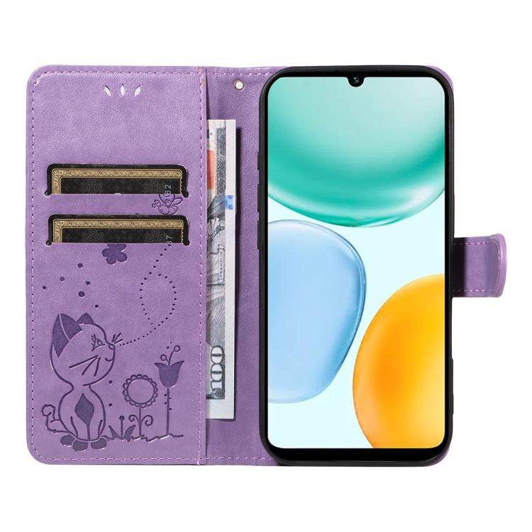 For Honor X5c Plus Cat and Bee Embossed Flip Leather Phone Case