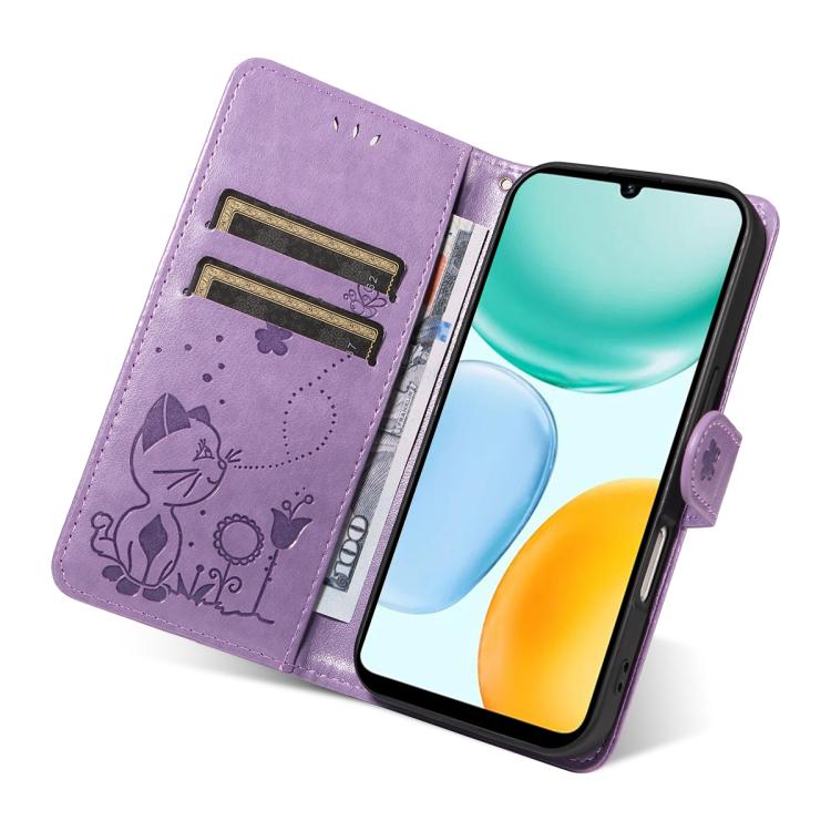 For Honor X5c Plus Cat and Bee Embossed Flip Leather Phone Case