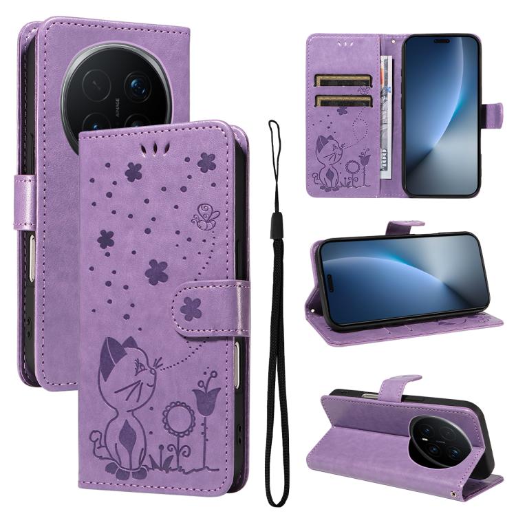 For Honor Magic8 Pro Cat and Bee Embossed Flip Leather Phone Case