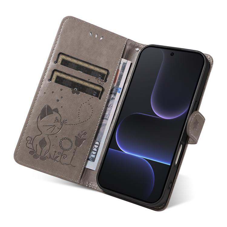For Honor 500 Pro Global 155.8mm Cat and Bee Embossed Flip Leather Phone Case