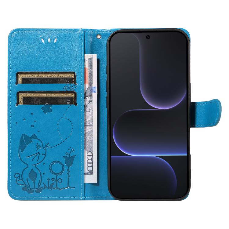 For Honor 500 Pro Global 155.8mm Cat and Bee Embossed Flip Leather Phone Case