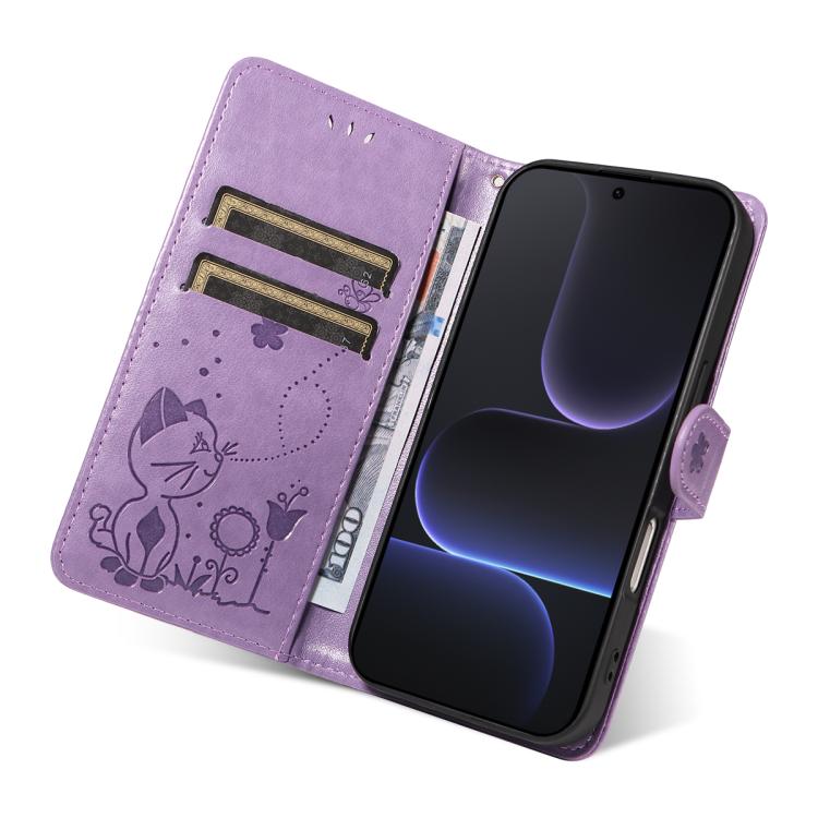 For Honor 500 Pro Global 155.8mm Cat and Bee Embossed Flip Leather Phone Case