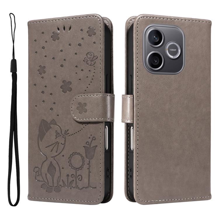 For Honor 600 Lite Global Cat and Bee Embossed Flip Leather Phone Case