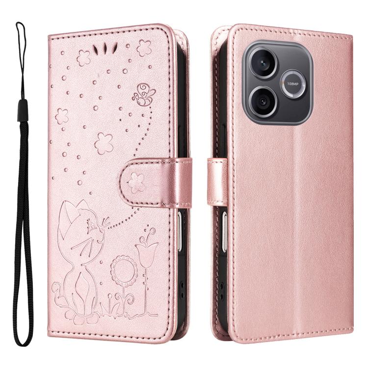 For Honor 600 Lite Global Cat and Bee Embossed Flip Leather Phone Case