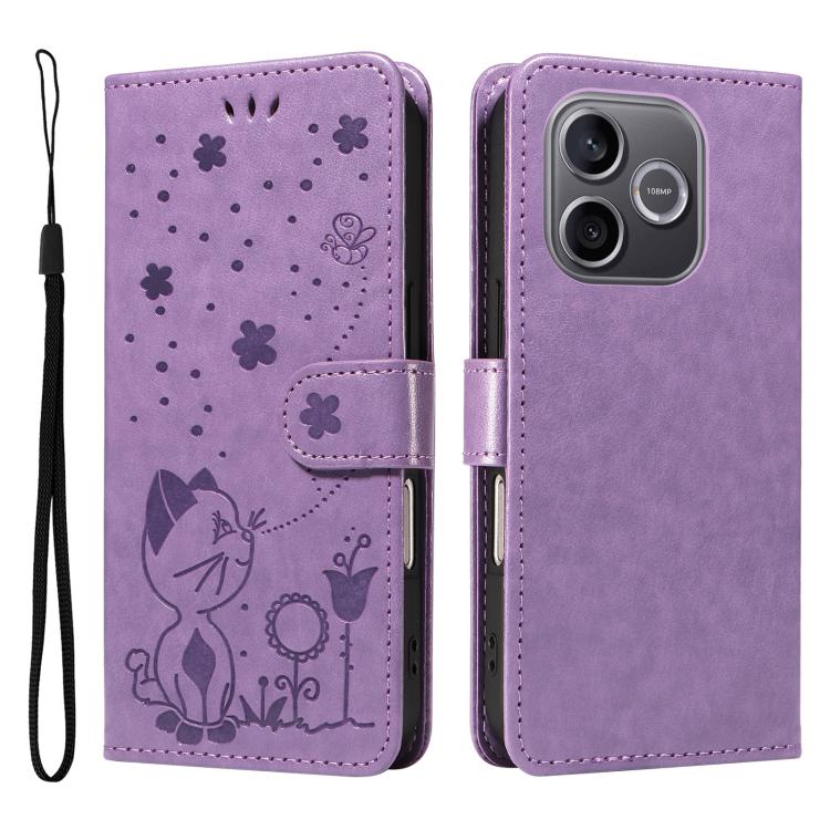 For Honor 600 Lite Global Cat and Bee Embossed Flip Leather Phone Case