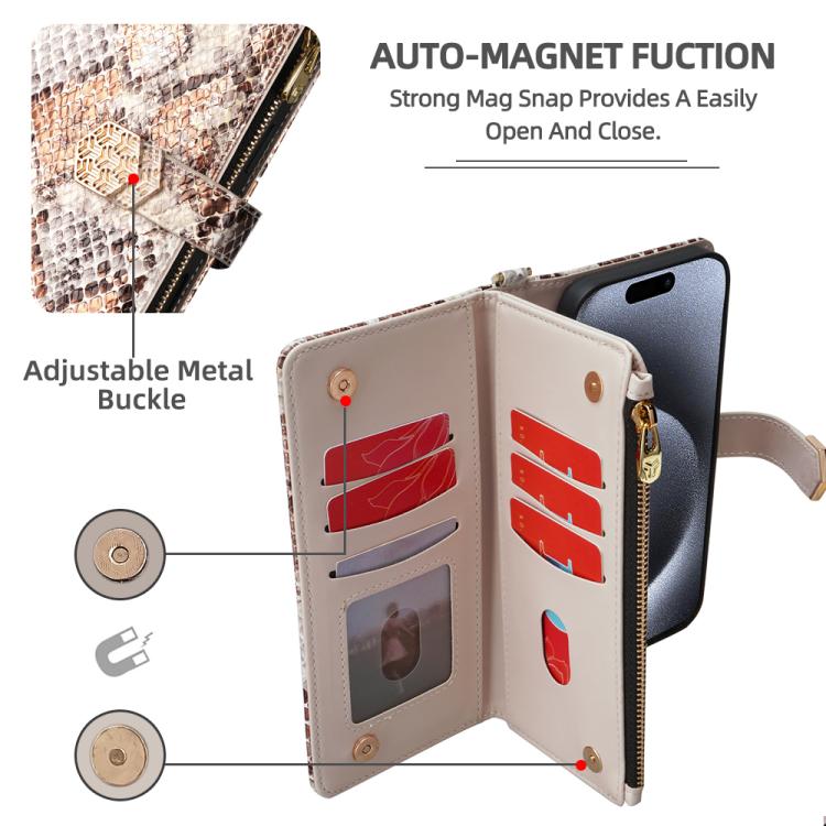 For iPhone 17 Pro Crossbody Handle Snake Texture Leather Phone Case