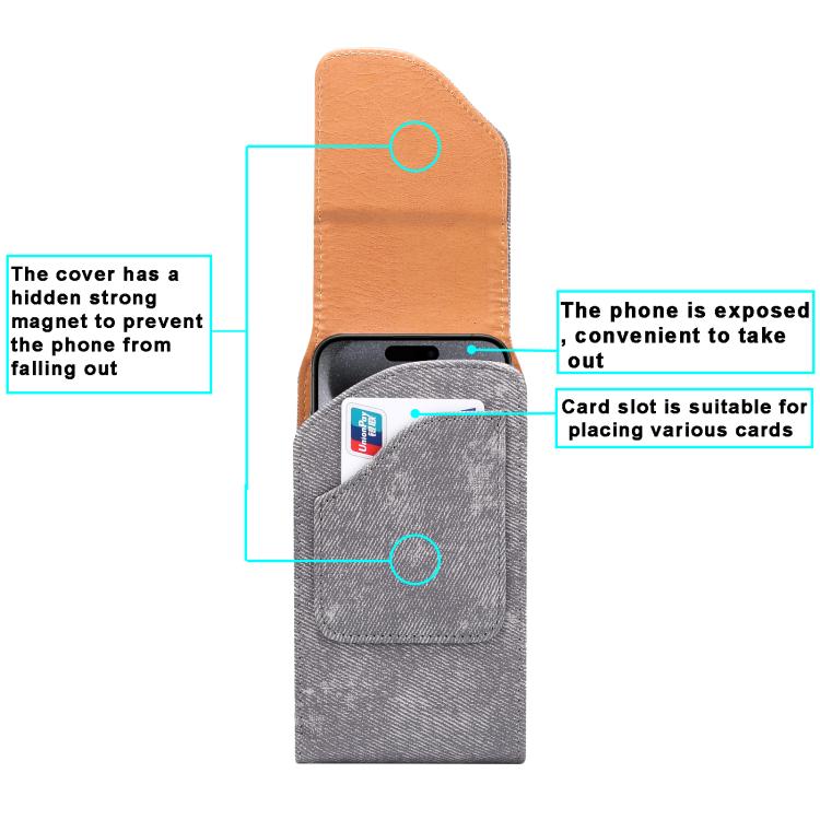 For 6.7-6.9 inch Vertical Style Denim Texture Wear-resistant Card Slot Waist Bag Leather Phone Case