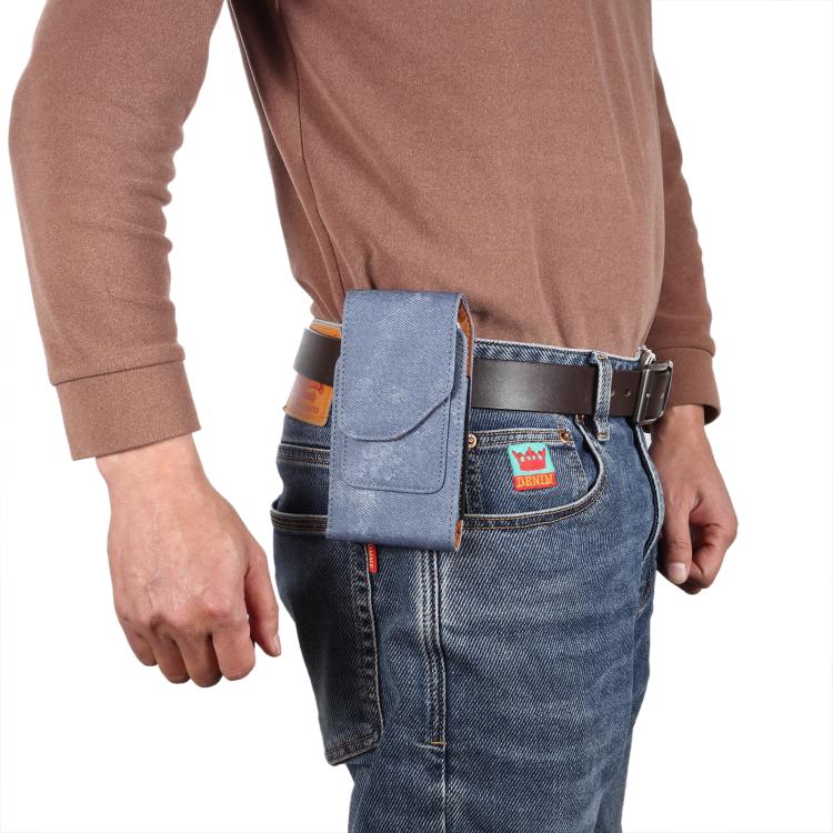 For 7.2 inch Vertical Style Denim Texture Wear-resistant Card Slot Waist Bag Leather Phone Case