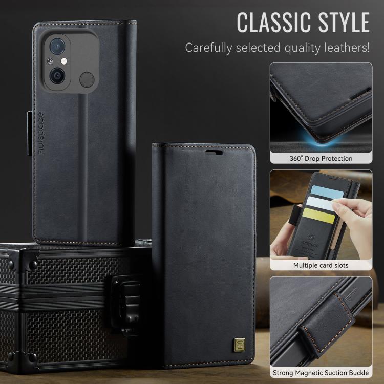 For Redmi 11A / 12C AutSpace A11 Side Buckle MagSafe Magnetic RFID Phone Leather Case
