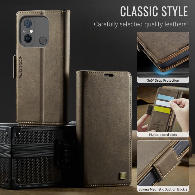 For Redmi 11A / 12C AutSpace A11 Side Buckle MagSafe Magnetic RFID Phone Leather Case