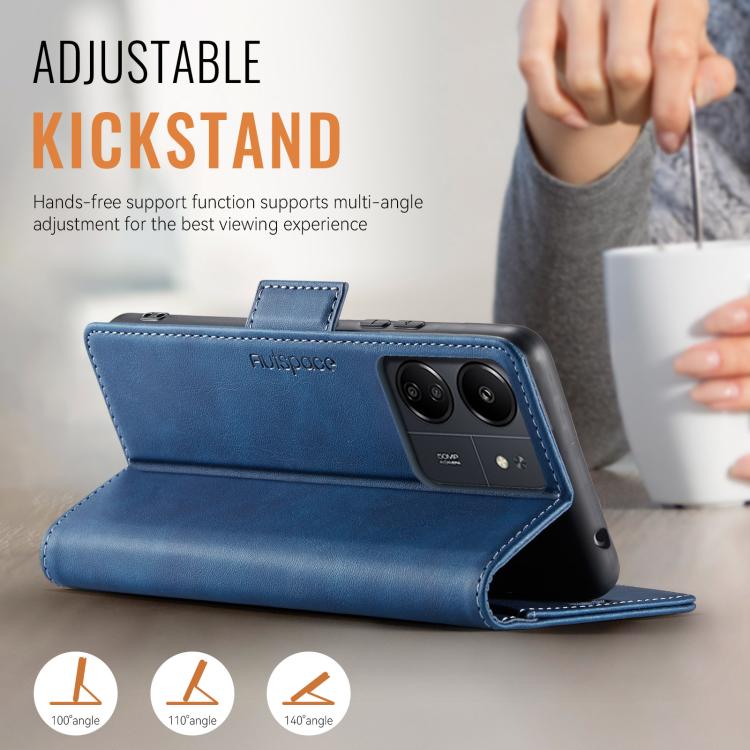 For Redmi 13C AutSpace A11 Side Buckle MagSafe Magnetic RFID Phone Leather Case