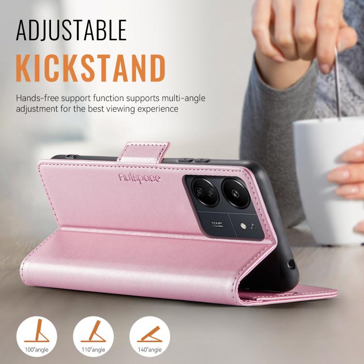 For Redmi 13C AutSpace A11 Side Buckle MagSafe Magnetic RFID Phone Leather Case