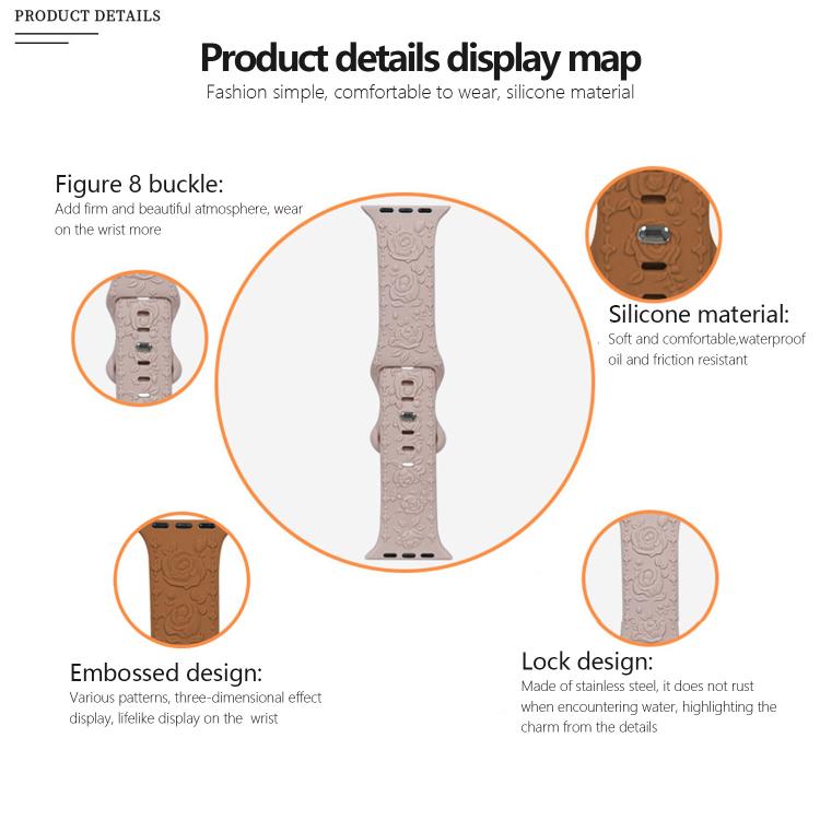 For Apple Watch 42mm / 41mm / 40mm / 38mm Kalebol 8-shaped Buckle Rose Embossed Silicone Watch Band