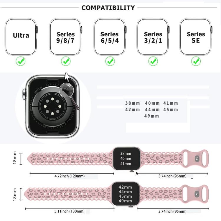 For Apple Watch 42mm / 41mm / 40mm / 38mm Lace Laser Engraved Leopard Silicone Watch Band