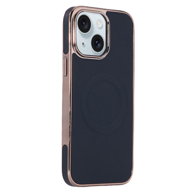For iPhone 15 Electroplating Soft Side Sticker Leather MagSafe Phone Case