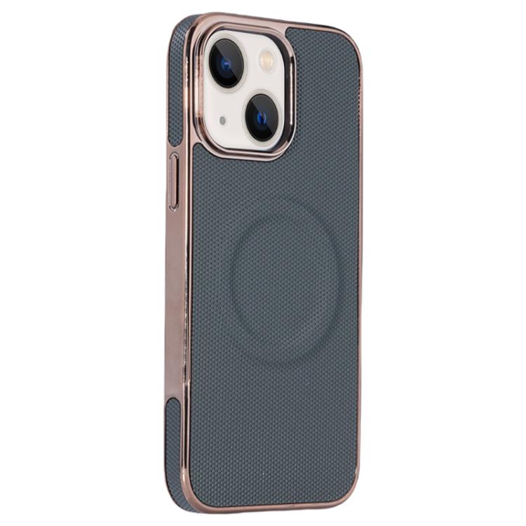 For iPhone 14 Plus Electroplating Soft Side Sticker Leather MagSafe Phone Case