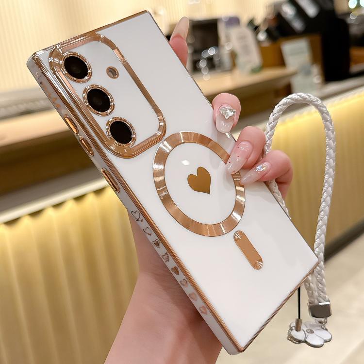 For Samsung Galaxy S25+ 5G Pupil Side Heart MagSafe Electroplating Phone Case with Lanyard