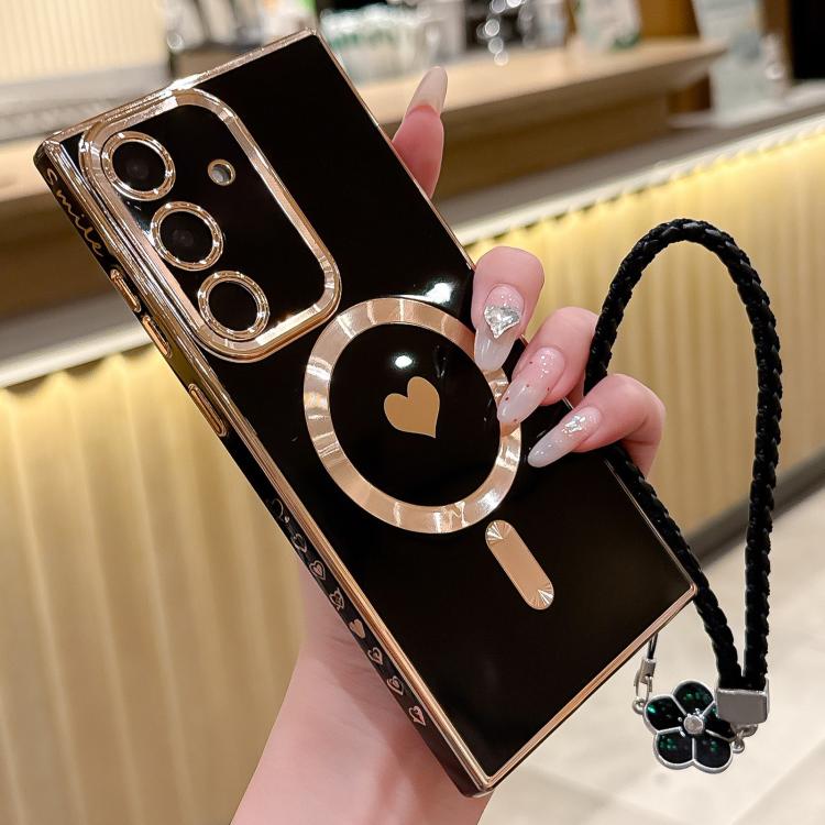 For Samsung Galaxy S25+ 5G Pupil Side Heart MagSafe Electroplating Phone Case with Lanyard