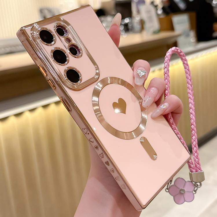 For Samsung Galaxy S24 Ultra 5G Pupil Side Heart MagSafe Electroplating Phone Case with Lanyard