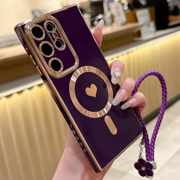 For Samsung Galaxy S23 Ultra 5G Pupil Side Heart MagSafe Electroplating Phone Case with Lanyard