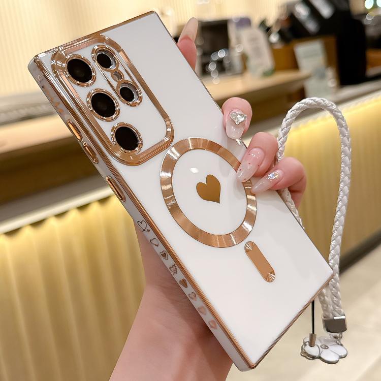 For Samsung Galaxy S23 Ultra 5G Pupil Side Heart MagSafe Electroplating Phone Case with Lanyard