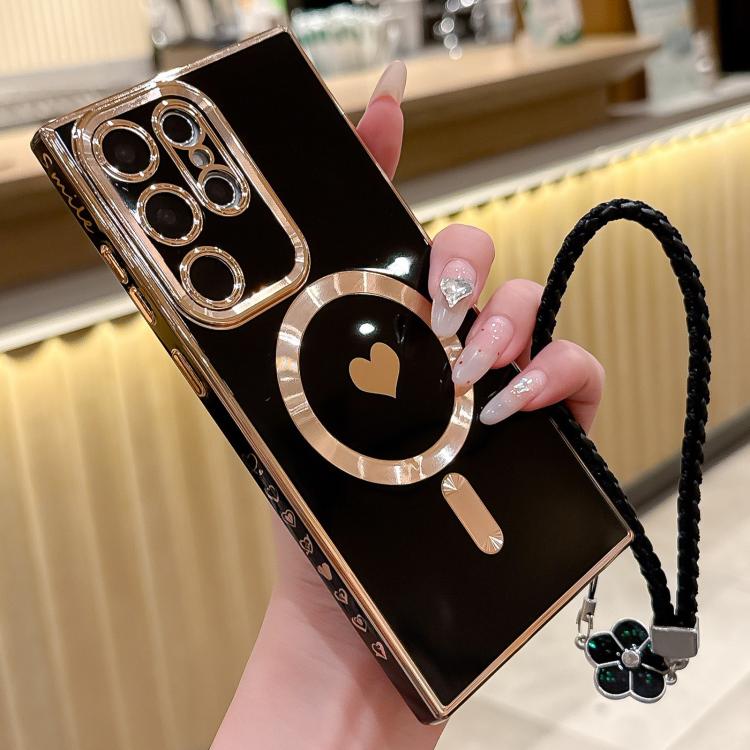 For Samsung Galaxy S23 Ultra 5G Pupil Side Heart MagSafe Electroplating Phone Case with Lanyard