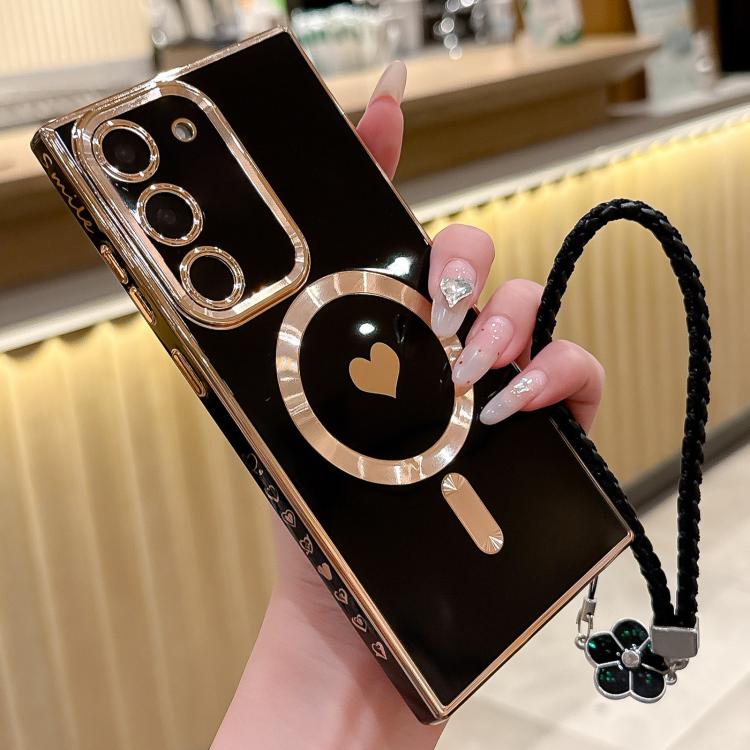 For Samsung Galaxy S23 5G Pupil Side Heart MagSafe Electroplating Phone Case with Lanyard