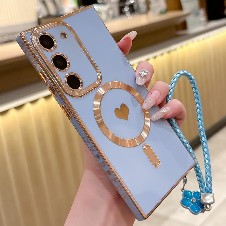 For Samsung Galaxy S23 5G Pupil Side Heart MagSafe Electroplating Phone Case with Lanyard