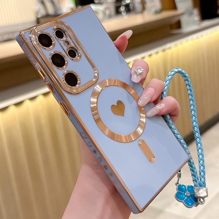 For Samsung Galaxy S22 Ultra 5G Pupil Side Heart MagSafe Electroplating Phone Case with Lanyard