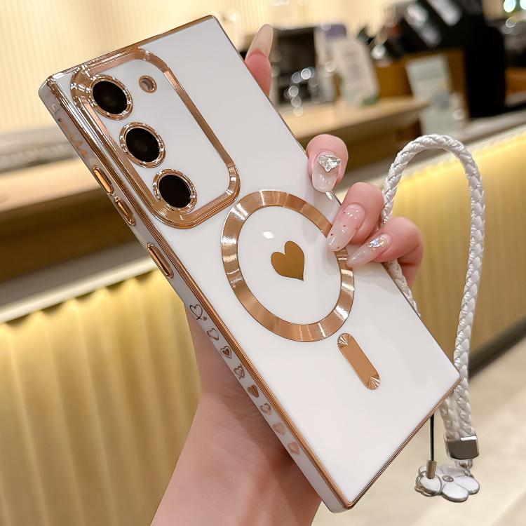 For Samsung Galaxy S22 5G Pupil Side Heart MagSafe Electroplating Phone Case with Lanyard