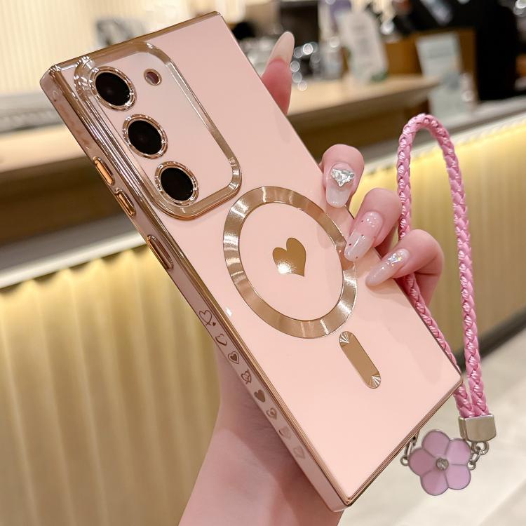 For Samsung Galaxy S22 5G Pupil Side Heart MagSafe Electroplating Phone Case with Lanyard