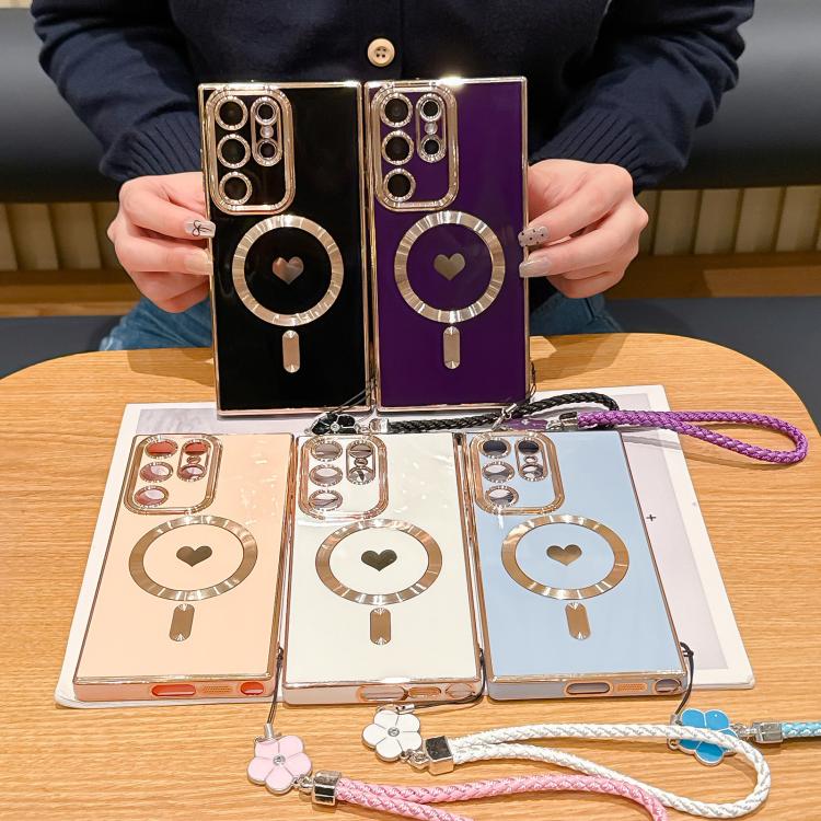 For Samsung Galaxy S22 5G Pupil Side Heart MagSafe Electroplating Phone Case with Lanyard