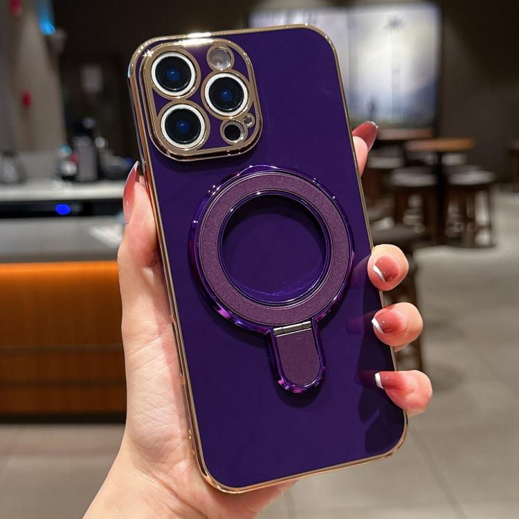 For iPhone 16 Pro Solid Color Electroplated Metal Holder Phone Case