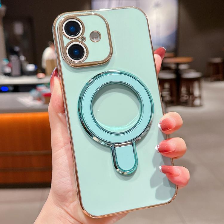 For iPhone 16 Solid Color Electroplated Metal Holder Phone Case