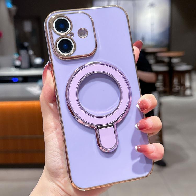 For iPhone 16 Solid Color Electroplated Metal Holder Phone Case