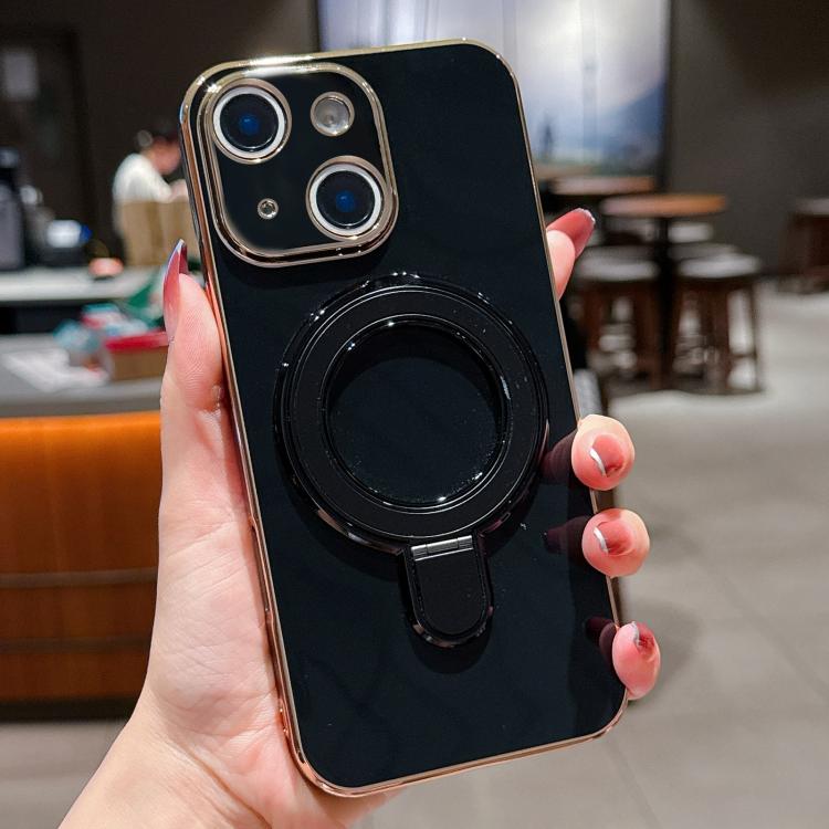 For iPhone 15 Solid Color Electroplated Metal Holder Phone Case