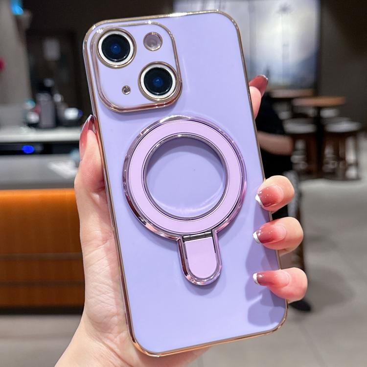 For iPhone 15 Solid Color Electroplated Metal Holder Phone Case