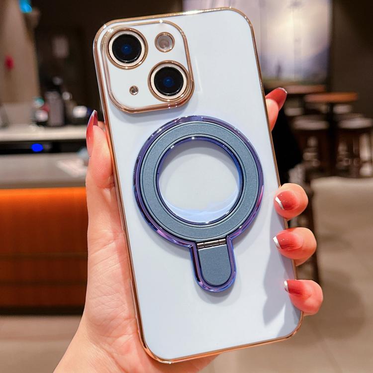 For iPhone 15 Solid Color Electroplated Metal Holder Phone Case