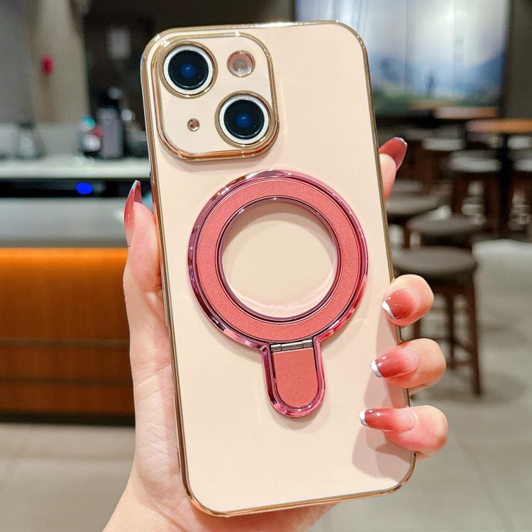 For iPhone 14 Plus Solid Color Electroplated Metal Holder Phone Case