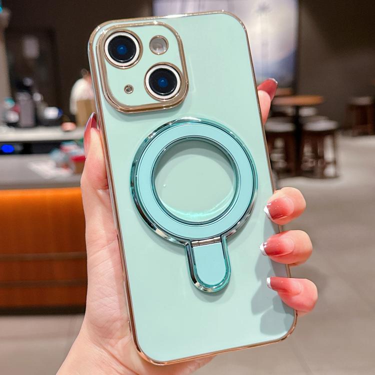 For iPhone 14 Plus Solid Color Electroplated Metal Holder Phone Case