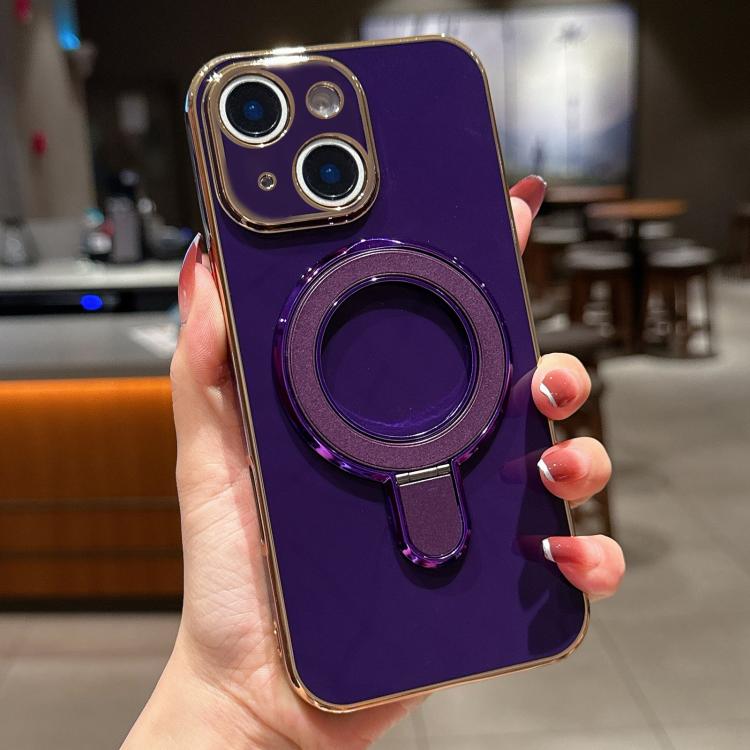 For iPhone 14 Solid Color Electroplated Metal Holder Phone Case