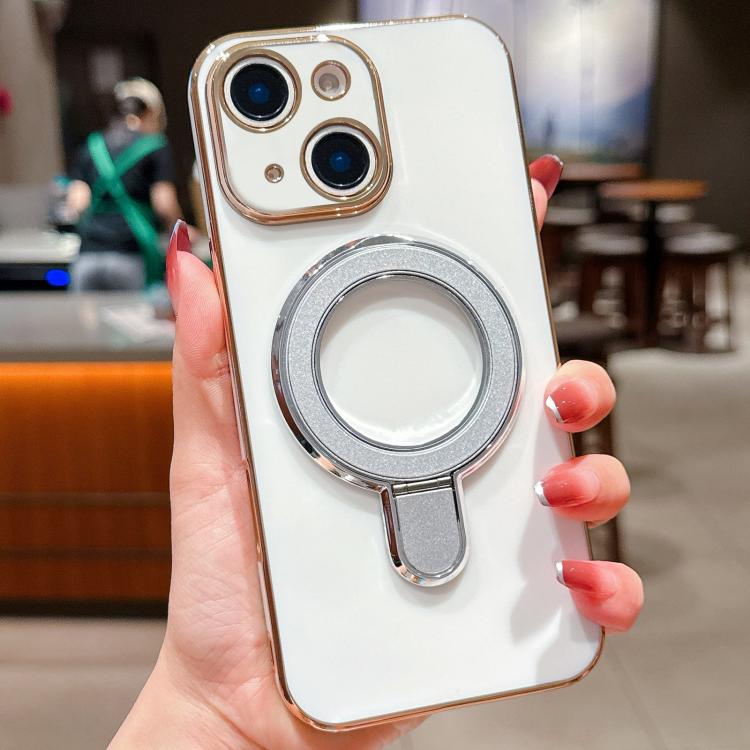 For iPhone 14 Solid Color Electroplated Metal Holder Phone Case
