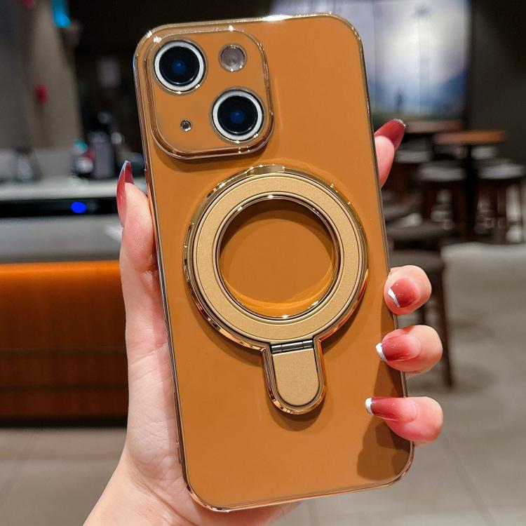 For iPhone 14 Solid Color Electroplated Metal Holder Phone Case